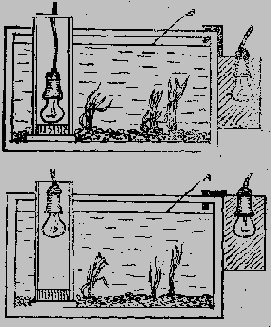 Рис. 55. Освещение снаружи и изнутри: верхний рисунок —
правильное, нижний рисунок — неправильное; а — уровень
воды.